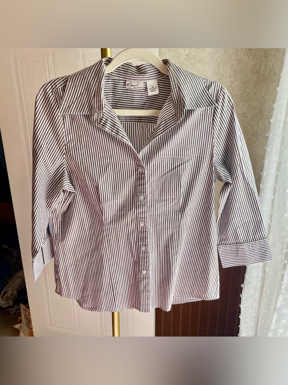 Kim Rogers Brown White Striped Stretch Button Down Shirt M